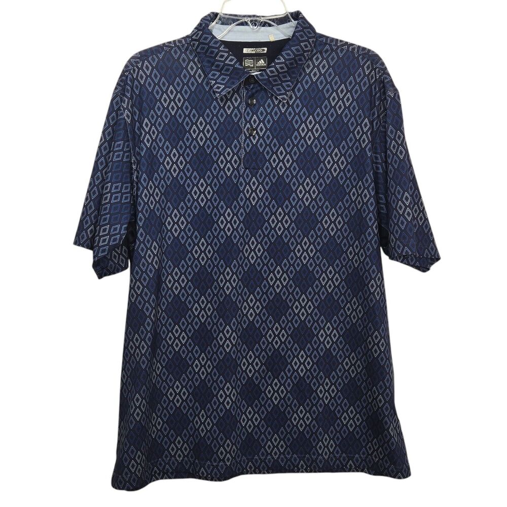 Adidas Polo Shirt Blue ClimaCool Mens Medium Diamond Pattern Geometric Golf